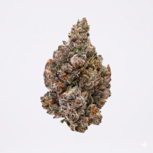 Buy Lemon Cherry Gelato Weed available in the UK, featuring frosty purple hues and heavy trichomes on a clean white background