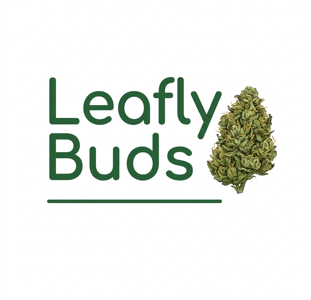 A clean Leafly Buds logo with crisp green text and a high-definition illustration of a cannabis bud on a pure white background