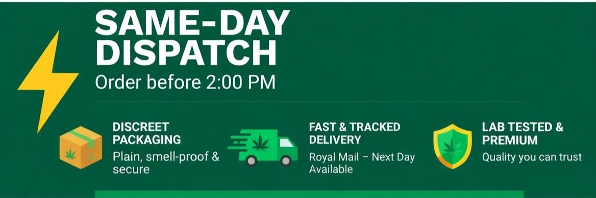 Same Day Dispatch banner for Leafly Buds Online Dispensary UK - order before 2:00 PM for fast tracked delivery